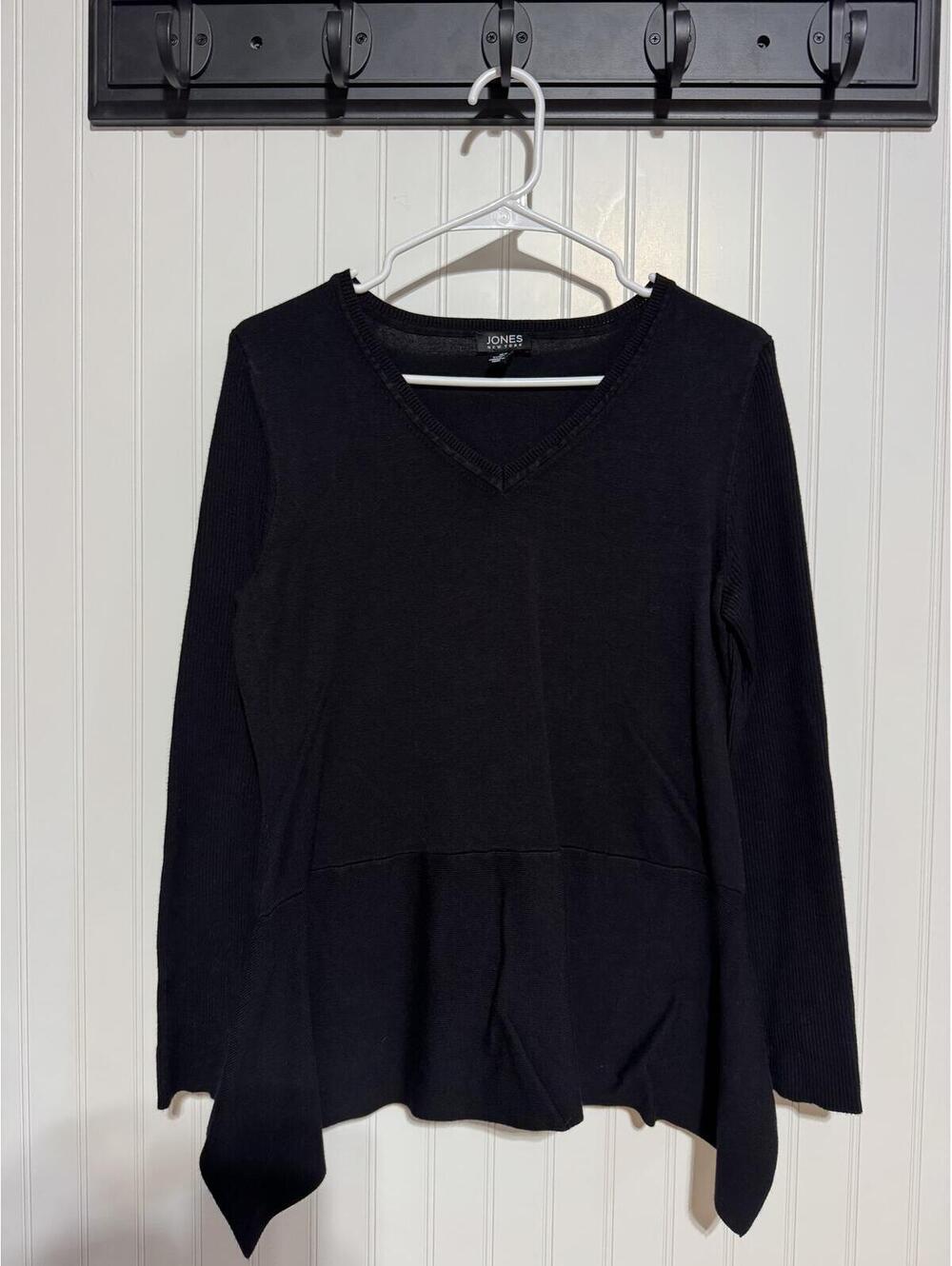 Jones New York Black V Neck Sweater Womens Medium Ribbed Peplum Flared Knit Top